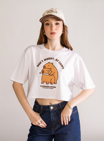 Don't Worry, Be Cappy Cropped Playera, Blanco