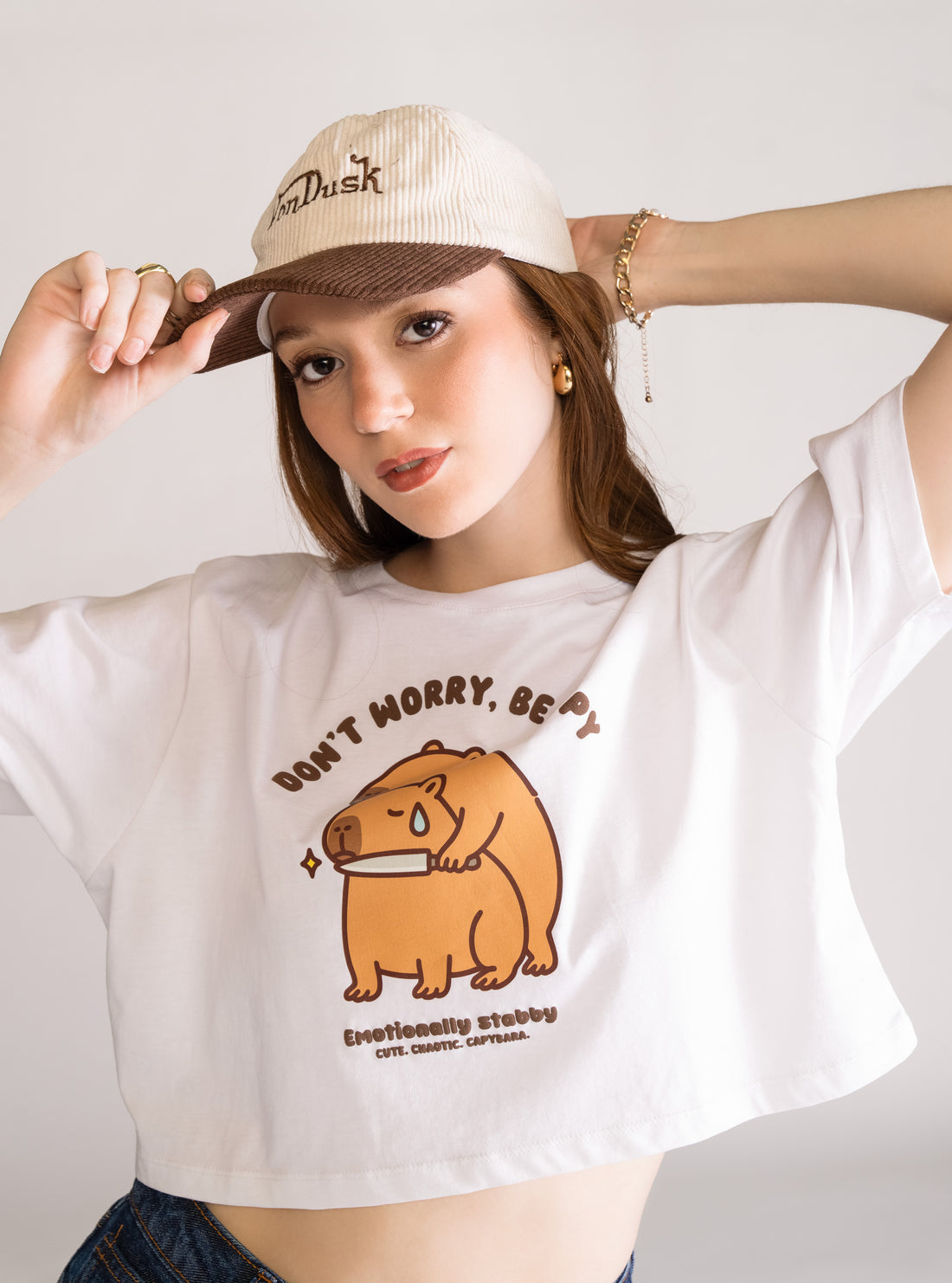 Don't Worry, Be Cappy Cropped Playera, Blanco