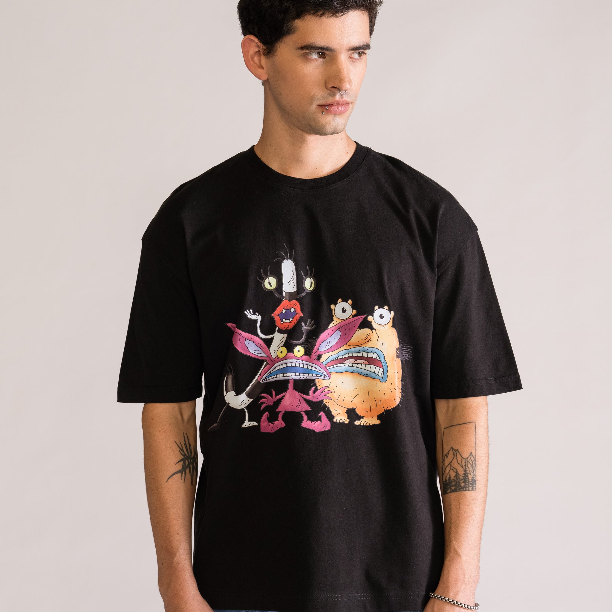Real Monsters, Drop Shoulder Playera, Negro
