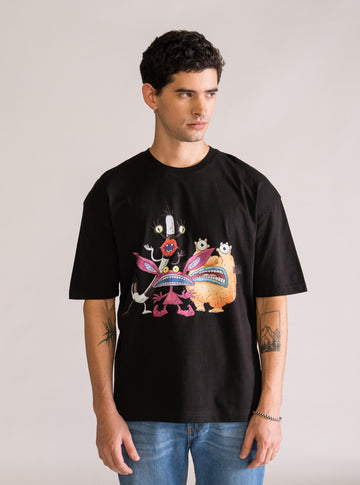 Real Monsters, Drop Shoulder Playera, Negro