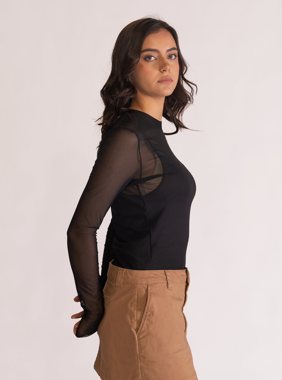 Mesh Glove Sleeve, Blusa, Negro