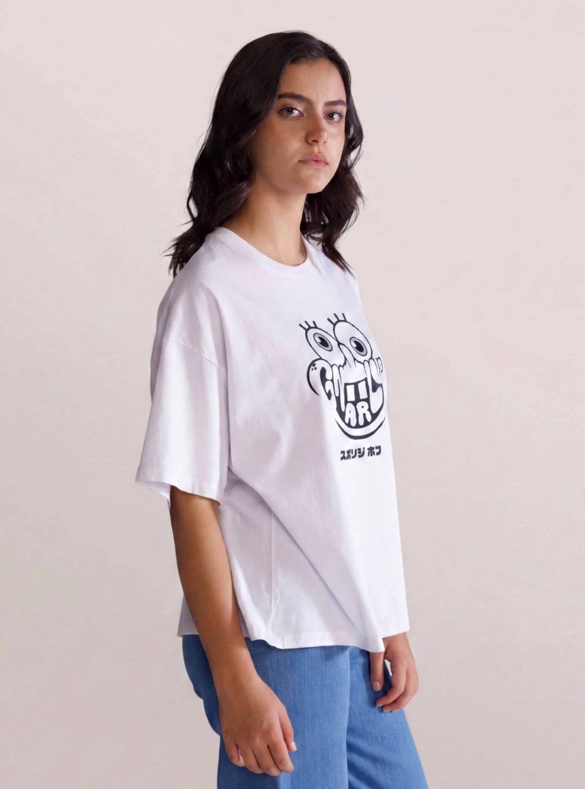 SpongeBob Face, Semi Over Blanco – playera para mujer Distefano (vista 2)