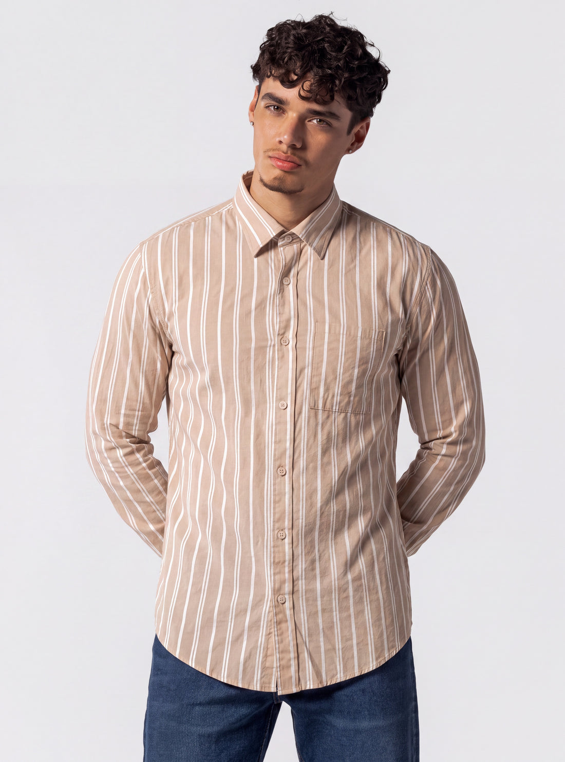 Time-Tested Camisa Cafe Claro – camisa manga larga para hombre Distefano