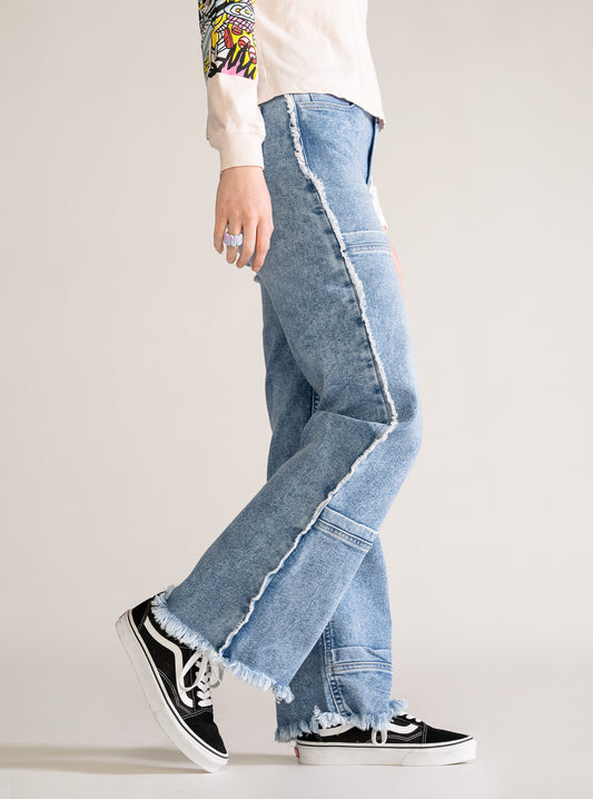 Paneled Patchwork Straight Jeans, Azul Claro