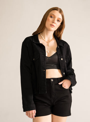 Tied Back Denim Jacket, Negro